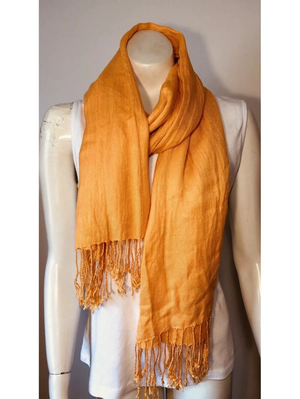 Orange Fringed Long Shawl Viscose India Crinkle Soft